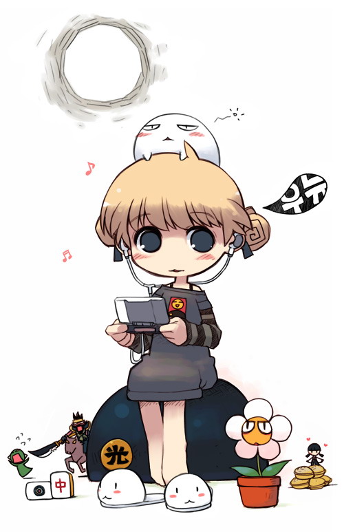 1girl, chibi, earphones, earphones, earplugs, handheld_game_console, korean, nakopapa