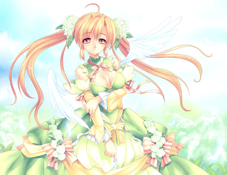1girl, angel_wings, bare_shoulders, breasts, cleavage, detached_sleeves, dress, flower, gimei, hair_flower, hair_ornament, original, red_eyes, ribbon, solo, twintails, wings
