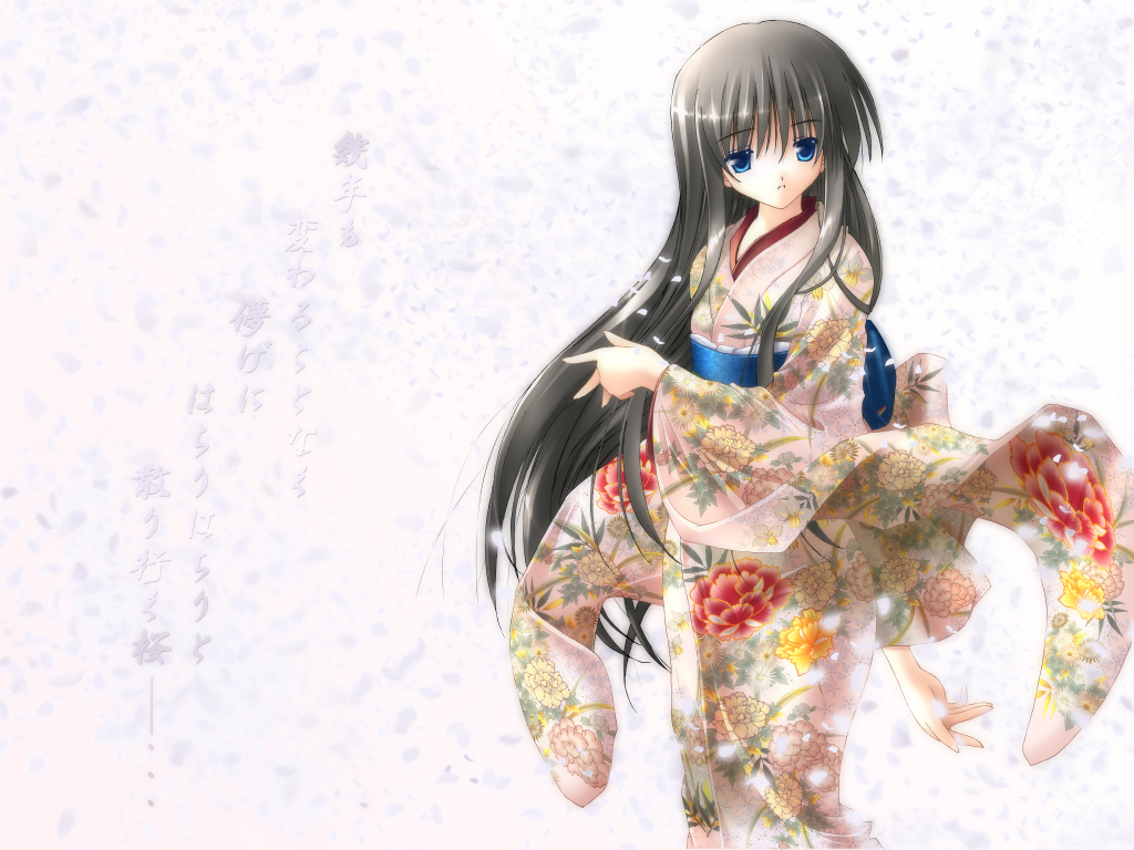 00s, 1girl, brown_hair, japanese_clothes, kimono, long_hair, shion_(kawasemi), solo