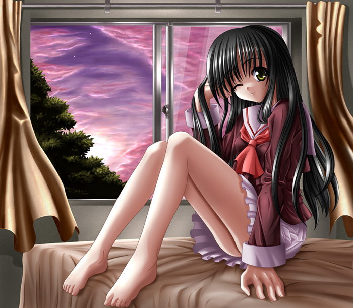 1girl, ;), barefoot, bed, black_hair, long_hair, one_eye_closed, ribbon