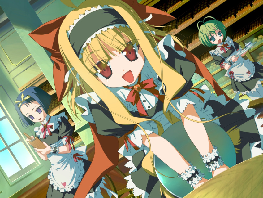 3girls, ahoge, alice_alicetel_fernek, antenna_hair, blonde_hair, blue_eyes, blue_hair, blush