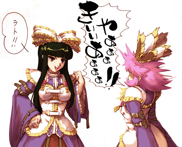 2girls, banpresto, belt, breasts, cosplay, frills, gothic, green_hair, hisahiko, latooni_subota, latooni_subota_(cosplay), long_hair, medium_breasts, multiple_girls, ouka_nagisa, pink_hair, ribbon, short_hair, super_robot_wars, super_robot_wars_original_generation, surprised