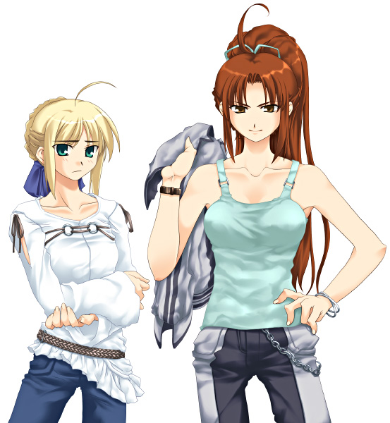 2girls, ahoge, akari_maki, belt, blonde_hair, bracelet, brown_eyes, brown_hair
