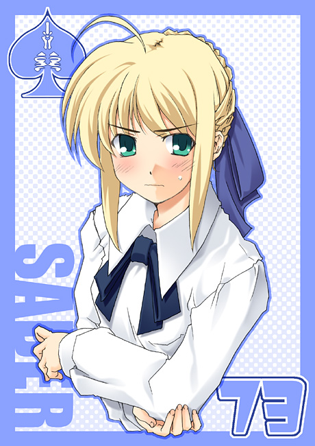 ahoge, akari_maki, blonde_hair, blouse, braid, fate/stay_night, fate_(series), green_eyes