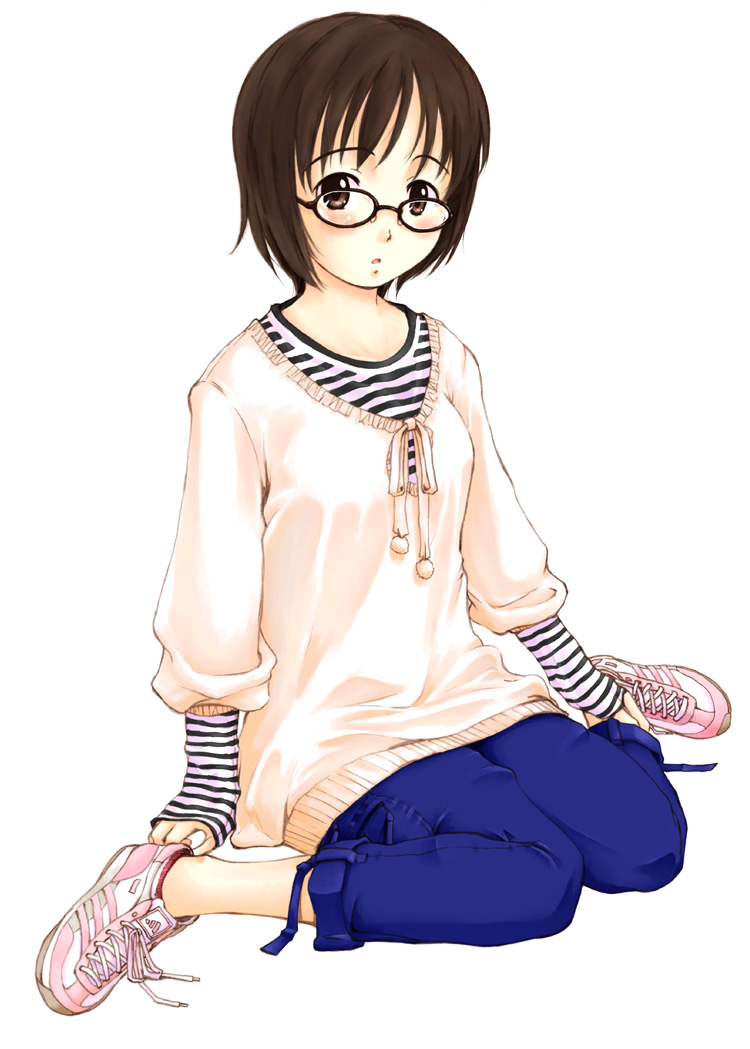 1girl, brown_eyes, brown_hair, glasses, ooshiro_youkou, original, running_shoes, shirt