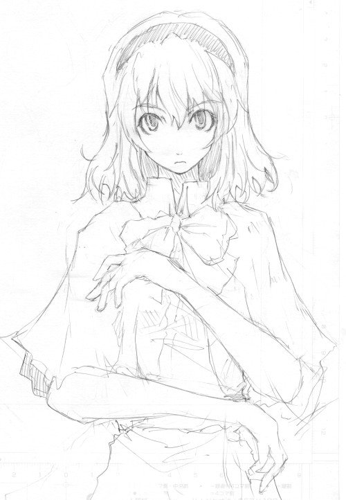 1girl, alice_margatroid, female, haru, haru_(fujinomori), monochrome, sketch, solo