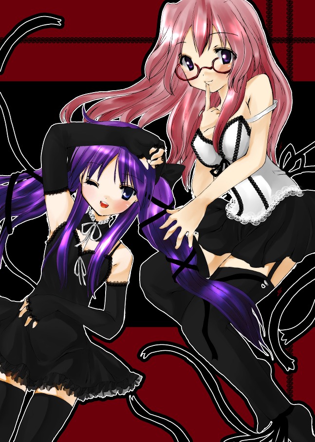 2girls, elbow_gloves, glasses, gloves, gothic, hiiragi_kagami, lucky_star, multiple_girls