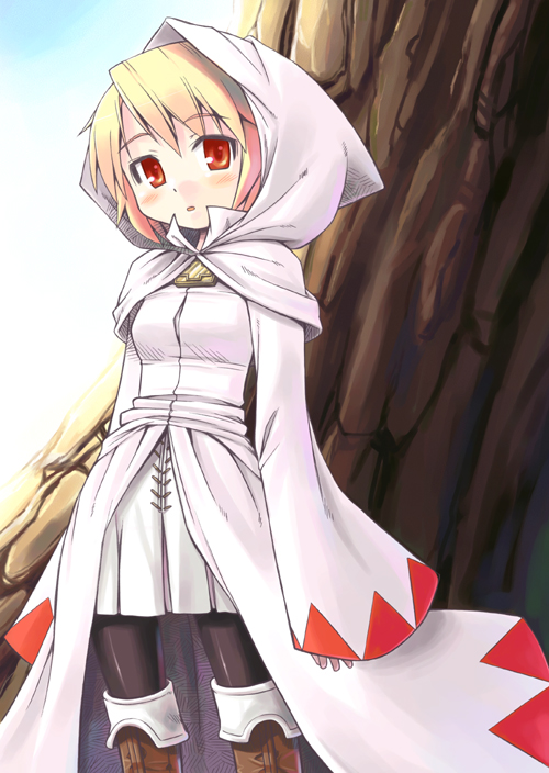1girl, blonde_hair, final_fantasy, final_fantasy_iii, hood, minami_juujisei, pantyhose, red_eyes
