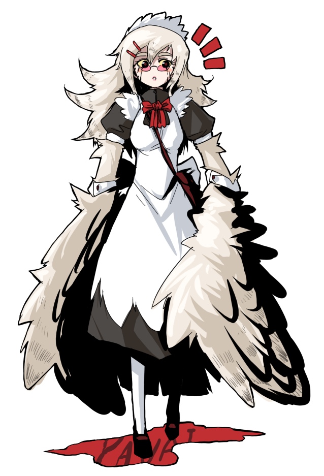 1girl, blonde_hair, blood, futaba_channel, glasses, harpy, maid, monster_girl