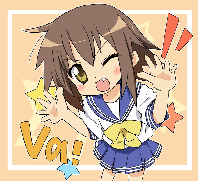brown_hair, fang, ixy, kusakabe_misao, lucky_star, school_uniform, serafuku, short_hair, smile, va, yellow_eyes