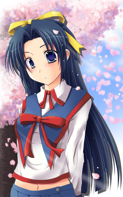 1girl, aqua_eyes, bangs, blue_hair, blush, bow, cherry_blossoms, clouds