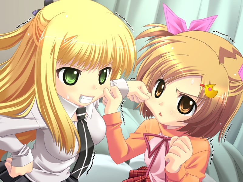 angry, blonde_hair, brown_eyes, brown_hair, cheek_pinch, cheek_pinching, cheek_tug, face_tug