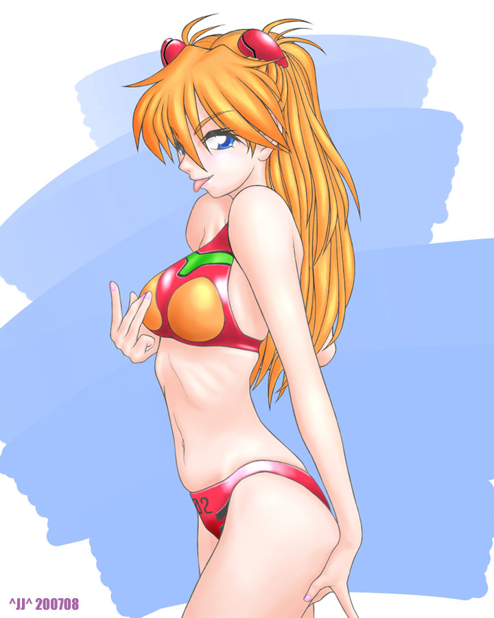 1girl, :p, ^jj^, adapted_costume, alpharalpha, bikini, bikini_top, blue_eyes, hair_ornament, hairclip, long_hair, nail_polish, naughty_face, navel, neon_genesis_evangelion, orange_hair, pink_nails, ribs, solo, souryuu_asuka_langley, swimsuit, tongue, tongue_out