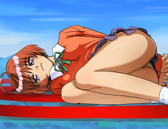 1girl, 90s, ahoge, bdsm, bondage, bound, haruyama_kazunori, neo_ranga, panties, pantyshot, school_uniform, serafuku, shimabara_ushio, skirt, socks, solo, underwear, upskirt, violet_eyes