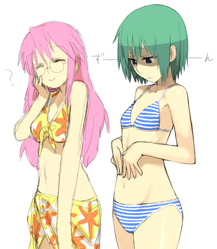 2girls, bikini, closed_eyes, flat_chest, floral_print, flower, glasses, green_hair