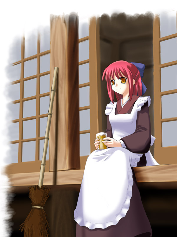 00s, 1girl, bamboo_broom, broom, hair_ribbon, kaze_shibuki, kohaku, maid