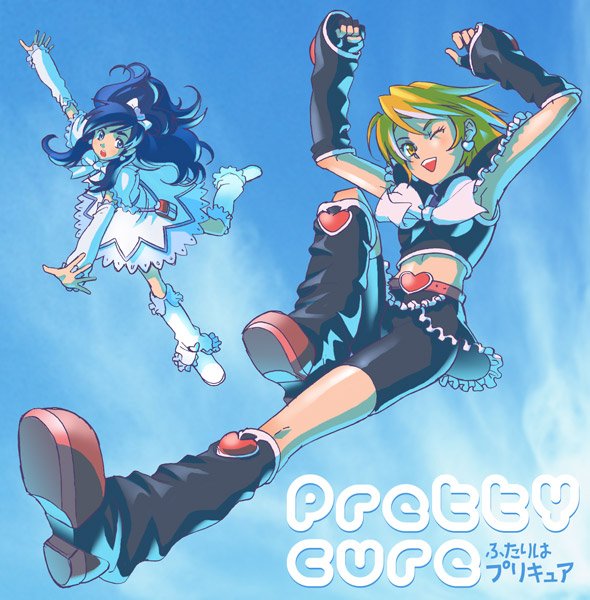 00s, 2girls, bike_shorts, black_boots, blue_background, boots, copyright_name, cure_black