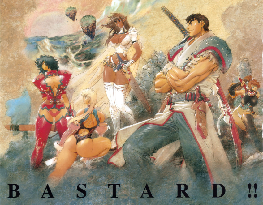 4girls, 5boys, 90s, armor, arshes_nei, ass, bastard!!, black_hair