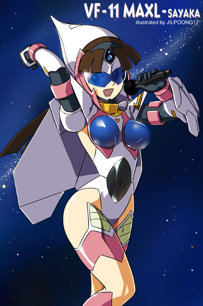1girl, 70s, 90s, brown_hair, cosplay, crossover, elbow_gloves, galaxy, gloves, jilpoong17, macross, macross_7, mazinger_z, mecha, mecha_musume, microphone, milky_way, music, mylene_jenius, oldschool, parody, science_fiction, singing, solo, star, star_(sky), vf-11_maxl, visor, yumi_sayaka