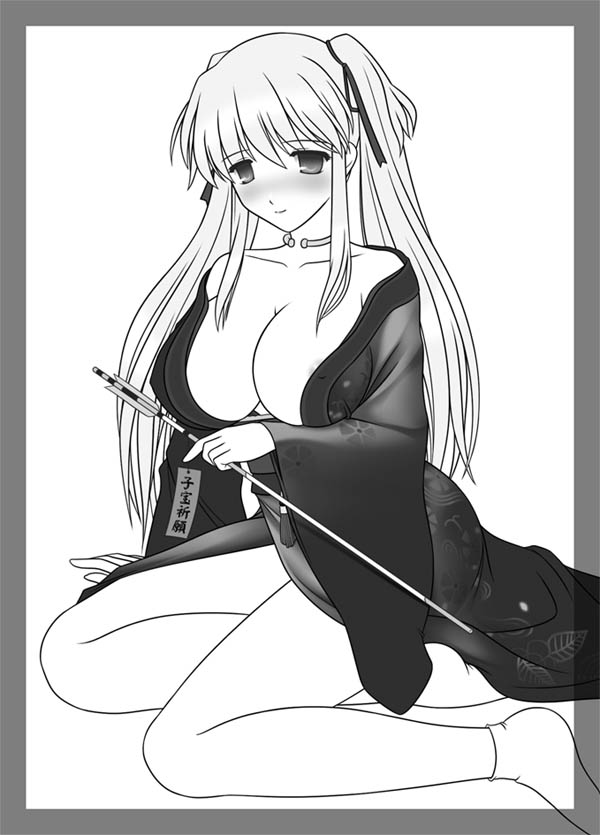 1girl, japanese_clothes, kafu, kimono, mabinogi, monochrome, nao_(mabinogi), solo