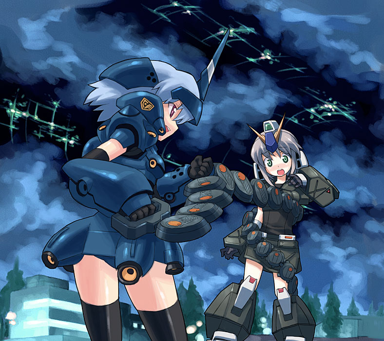 2girls, 80s, :o, blue_hair, blush, brown_hair, chain_mine, green_eyes