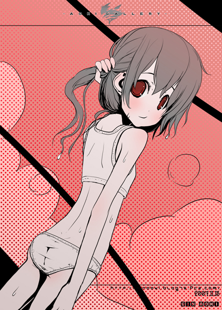 1girl, aoki_shin, back, blush, bra, kiriya_haruhito, lingerie, looking_back