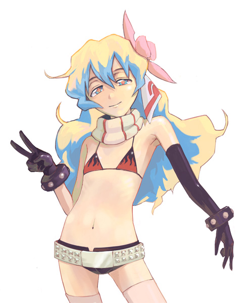 1girl, belt, bikini_top, cosplay, flat_chest, flower, gloves, guitar_(artist)
