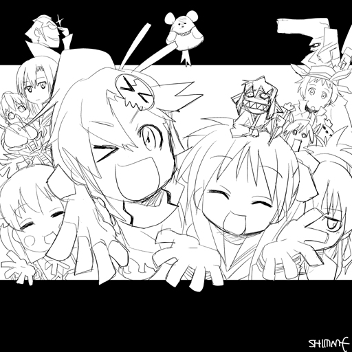 6+girls, bokurano, crossover, darker_than_black, hiiragi_kagami, idolmaster, idolmaster_xenoglossia, juliet_fiammatta_ars_de_capulet, kamen_rider, kamen_rider_den-o, lucky_star, monochrome, motteke!_serafuku, multiple_girls, oedo_rocket, ooedo_rocket, parody, romeo_x_juliet, seto_no_hanayome, tengen_toppa_gurren_lagann, yin, yoko_littner