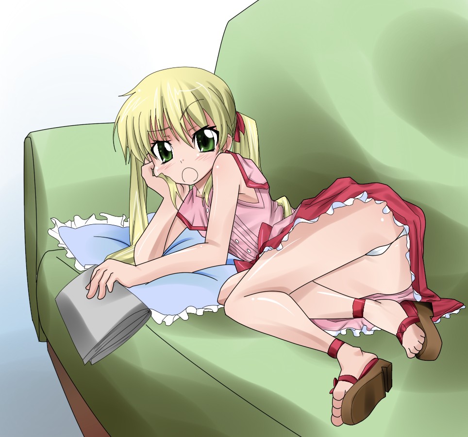 1girl, ass, blonde_hair, book, capelet, couch, dress, error, frilled_pillow, frills, green_eyes, green_upholstery, hayate_no_gotoku!, legs, long_hair, open_mouth, panties, pantyshot, pillow, sandals, sanzen'in_nagi, solo, tears, thighs, twintails, underwear, upskirt, white_panties