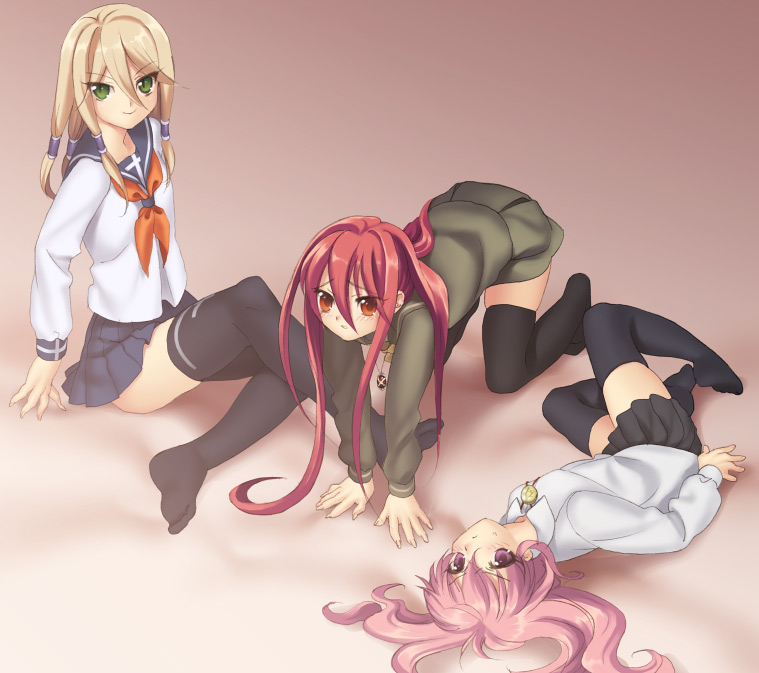 3girls, alastor_(shakugan_no_shana), busou_renkin, feet, hair_tubes, jewelry, kugimiya_rie, louise_francoise_le_blanc_de_la_valliere