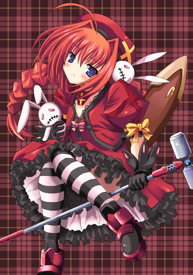 1girl, ahoge, blue_eyes, braid, gloves, graf_eisen, hammer, hat