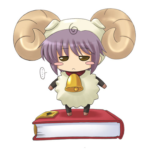 ..., 1girl, :<, bell, blush_stickers, book, chibi, cosplay, crossover, horns, kishi_nisen, lowres, nagato_yuki, namesake, nanatsuiro_drops, parody, purple_hair, sheep_horns, short_hair, solo, suzumiya_haruhi_no_yuuutsu, yuki-chan, yuki-chan_(cosplay)