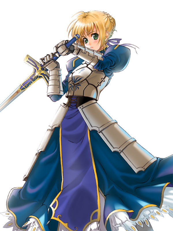 1girl, armor, armored_dress, blonde_hair, blue_dress, dress, fate/stay_night, fate_(series), gauntlets, green_eyes, h_kamome, holding, holding_sword, holding_weapon, loincloth, looking_at_viewer, saber, short_hair, simple_background, solo, standing, sword, tenmaso, unsheathed, weapon, white_background