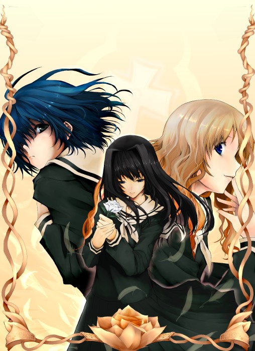 00s, 3girls, akahoshi_kenji, black_eyes, black_hair, blonde_hair, blue_eyes, blue_hair