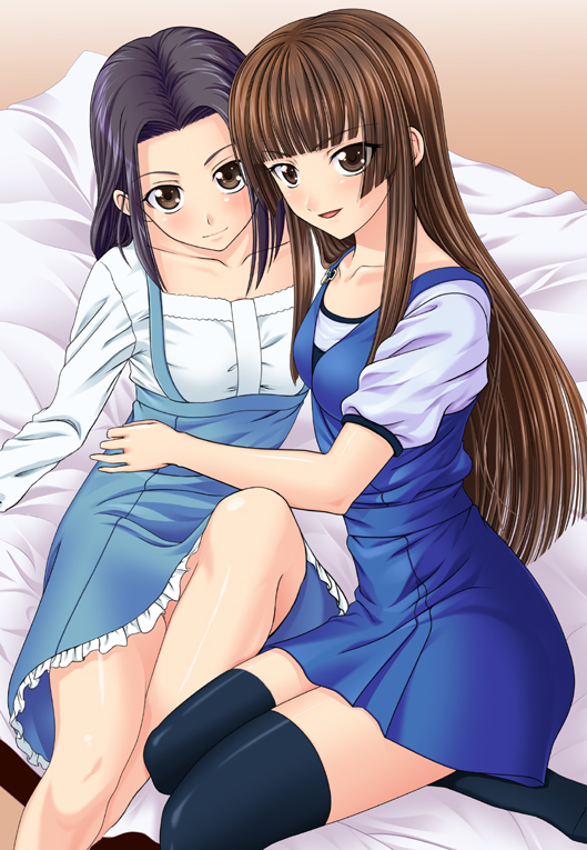 00s, 2girls, arima_nana, black_hair, brown_eyes, brown_hair, casual, frills
