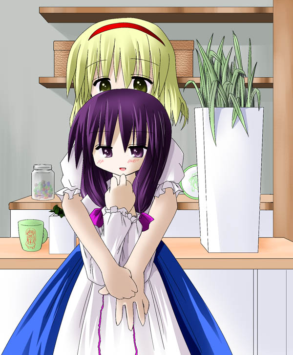 2girls, alice_margatroid, blonde_hair, blush, female, hat, hug, multiple_girls