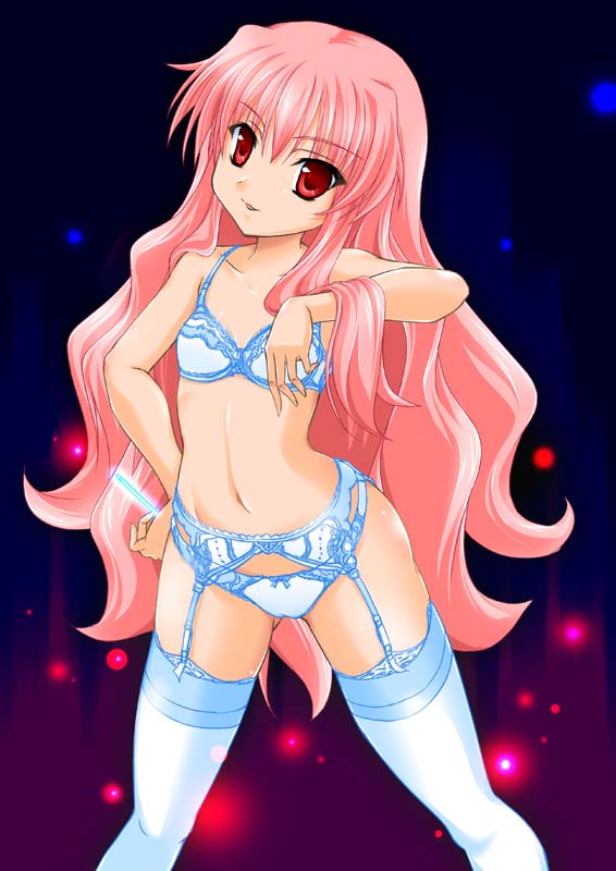 bra, garter_belt, lingerie, louise_francoise_le_blanc_de_la_valliere, maho_(yakimorokoshi), panties, pink_hair, red_eyes, suspenders, thigh-highs, underwear, underwear_only, zero_no_tsukaima