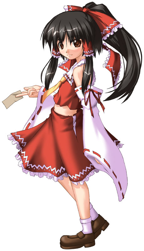 1girl, ascot, between_fingers, black_hair, bow, brown_eyes, detached_sleeves, female, hair_bow, hair_tubes, hakurei_reimu, holding, japanese_clothes, karin_tou, long_hair, midriff, miko, ofuda, sarashi, shoes, skirt, skirt_set, socks, solo, touhou, wide_sleeves