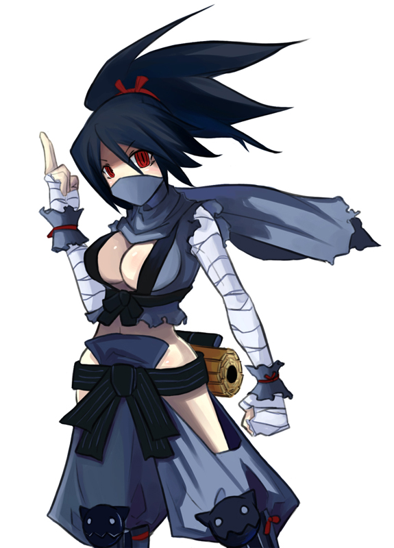 1girl, black_hair, breasts, cleavage, clenched_hand, disgaea, eu03, greaves