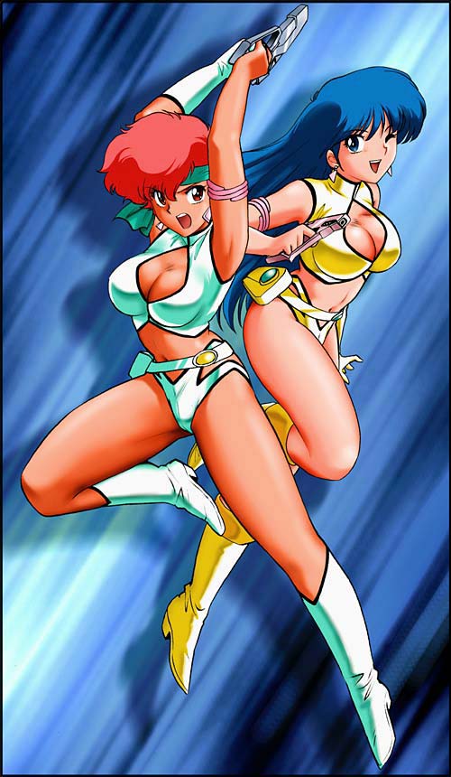 action, blue_eyes, blue_hair, boots, breasts, cleavage, d-2girls, dirty_pair