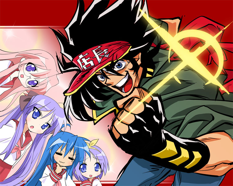 1boy, 4girls, :o, anime_tenchou, anisawa_meito, black_gloves, clenched_hand, crazy_eyes