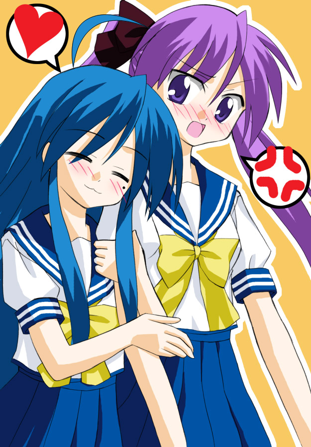 2girls, ^_^, anger_vein, angry, arm_grab, arm_holding, arm_hug, blue_skirt