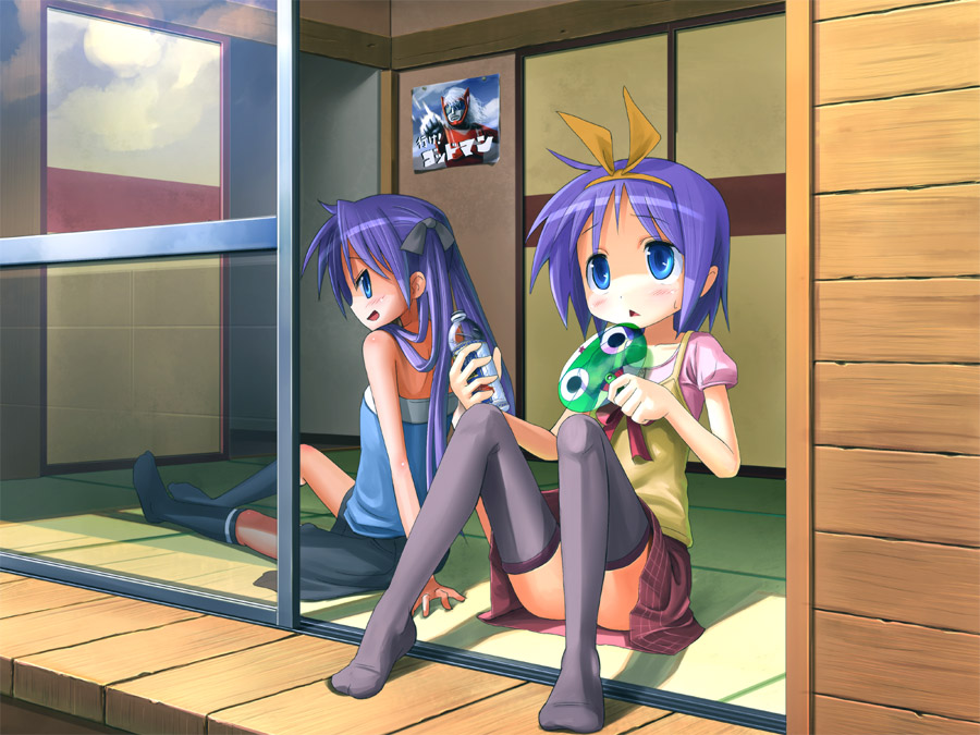 2girls, :<, blue_eyes, blush, bottle, cameo, censored, convenient_censoring, convenient_leg, fan, godman, hiiragi_kagami, hiiragi_tsukasa, keroro, keroro_gunsou, legs_up, looking_back, lucky_star, multiple_girls, paper_fan, patricia_(stylish_marunage), porch, poster, poster_(object), purple_hair, siblings, sisters, sitting, sweatdrop, tatami, thigh-highs, triangle_mouth, twins, uchiwa, veranda, water_bottle