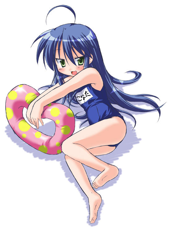 1girl, ahoge, akari_ryuryuwa, barefoot, feet, flat_chest, innertube, izumi_konata, lucky_star, name_tag, one-piece_swimsuit, school_swimsuit, solo, swimsuit