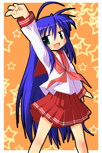 1girl, :d, ahoge, blue_hair, blush, border, green_eyes, hidaka_makoto, izumi_konata, long_sleeves, looking_at_viewer, lucky_star, open_mouth, pleated_skirt, red_skirt, sailor_collar, school_uniform, serafuku, skirt, smile, solo, standing, striped, vertical_stripes