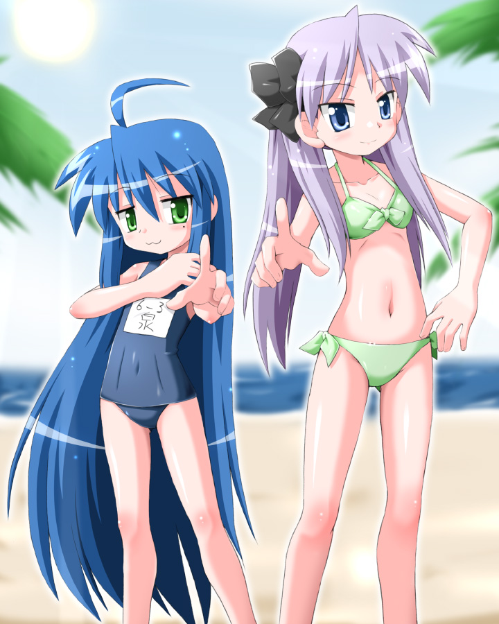 2girls, :3, beach, bikini, flat_chest, hiiragi_kagami, hino_hino, izumi_konata, lucky_star, multiple_girls, name_tag, one-piece_swimsuit, pointing, school_swimsuit, swimsuit