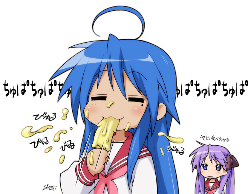 2girls, :3, =_=, ahoge, banana_popsicle, blue_eyes, blue_hair, closed_eyes