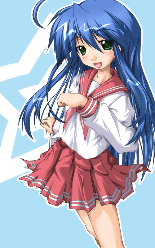 1girl, blue_background, blue_hair, cowboy_shot, green_eyes, izumi_konata, karin_tou, long_sleeves, looking_at_viewer, lucky_star, mole, mole_under_eye, neckerchief, red_skirt, sailor_collar, school_uniform, serafuku, shirt, simple_background, skirt, solo, thighs, white_shirt