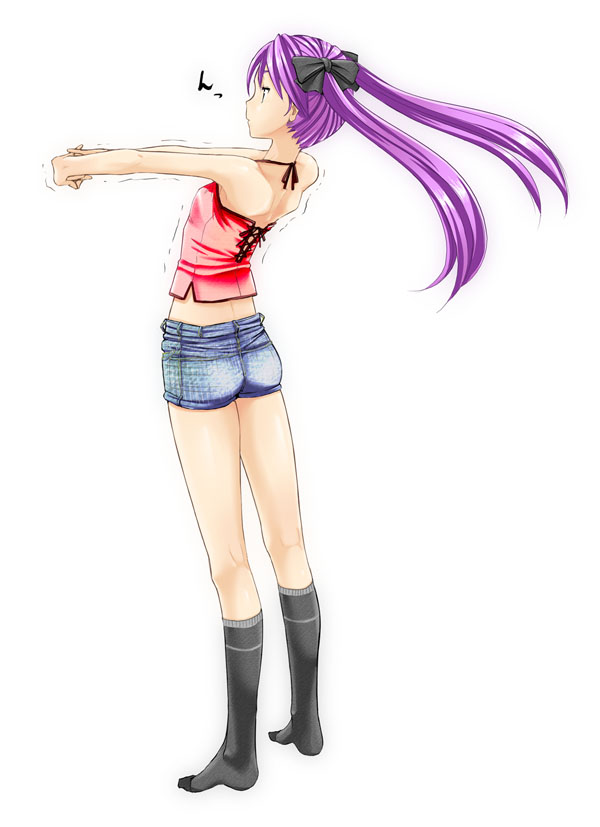 camisole, denim, denim_shorts, flat_chest, footwear, fukurou, hands, hiiragi_kagami