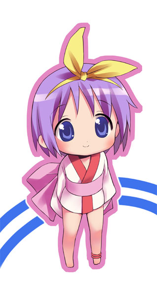 1girl, binchou-tan, binchou-tan_(character), binchou-tan_(cosplay), blue_eyes, bow, chibi, cosplay, crossover, hair_bow, hiiragi_tsukasa, japanese_clothes, kimono, lucky_star, purple_hair, short_hair, short_kimono, solo